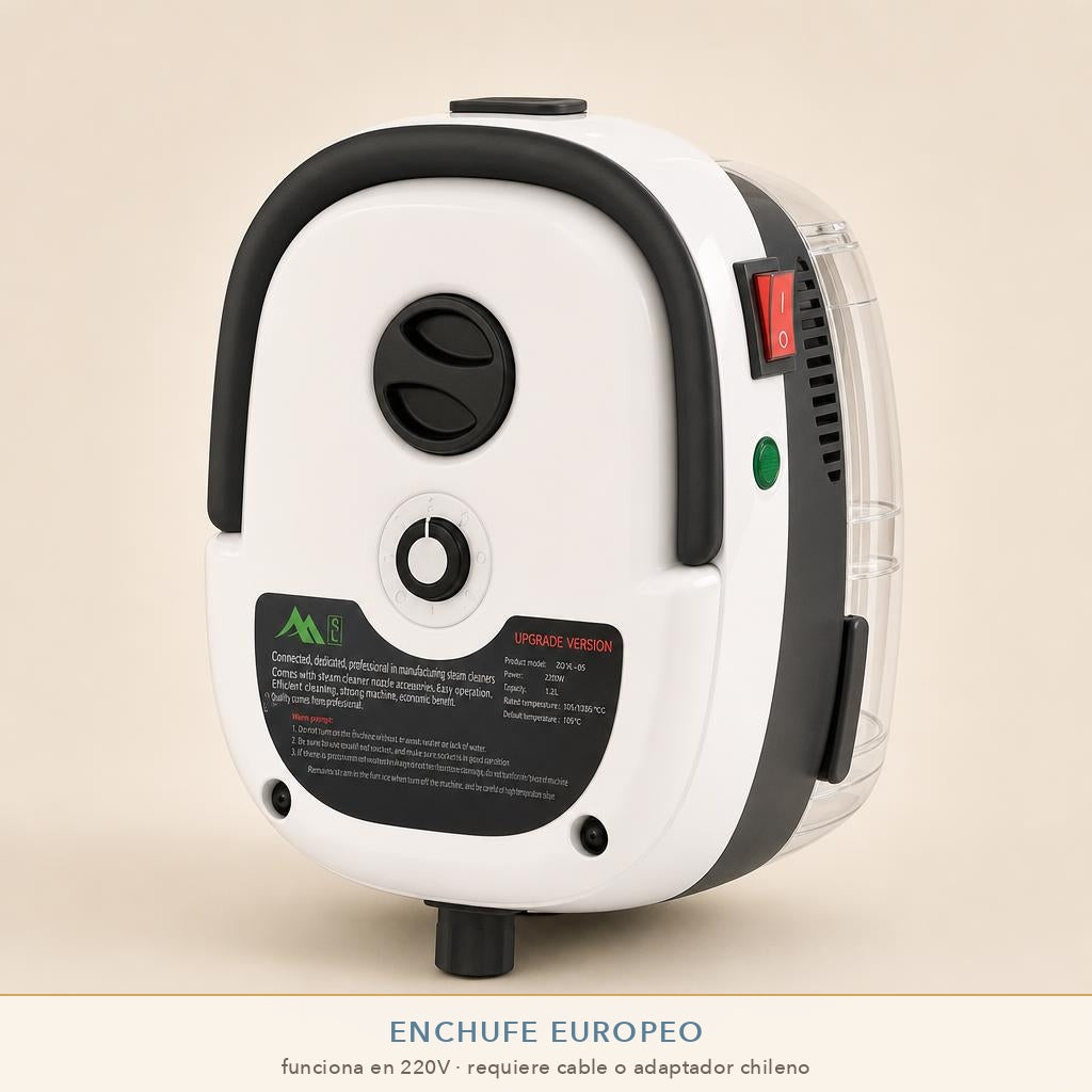 Limpiadora a vapor portátil 2500W MixMart — fondo crema — viene con enchufe europeo y requiere cable o adaptador chileno