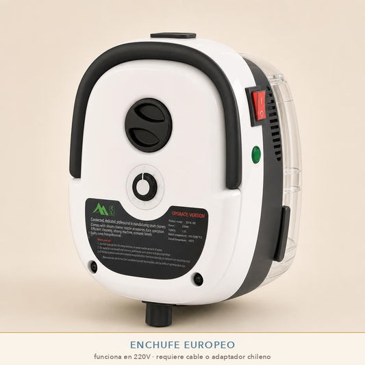Limpiadora a vapor portátil 2500W MixMart — fondo crema — viene con enchufe europeo y requiere cable o adaptador chileno